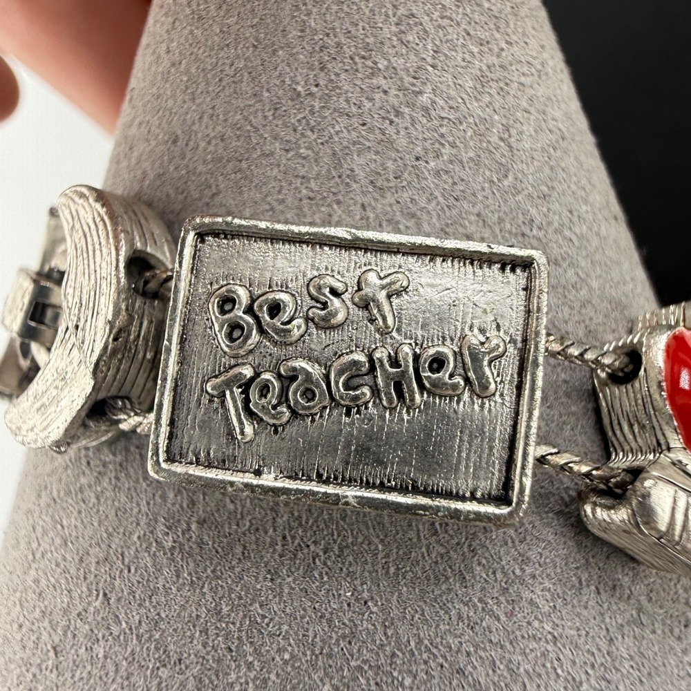 Teacher School Slide Charm Bracelet Silver Tone Enamel Bus Apple Books 7" - Picture 4 of 12